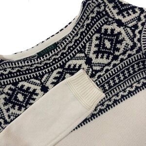 Lauren Ralph Lauren Womens Fair‎ Isle Knit Sweater Cream Navy Boat Neck Size XS
